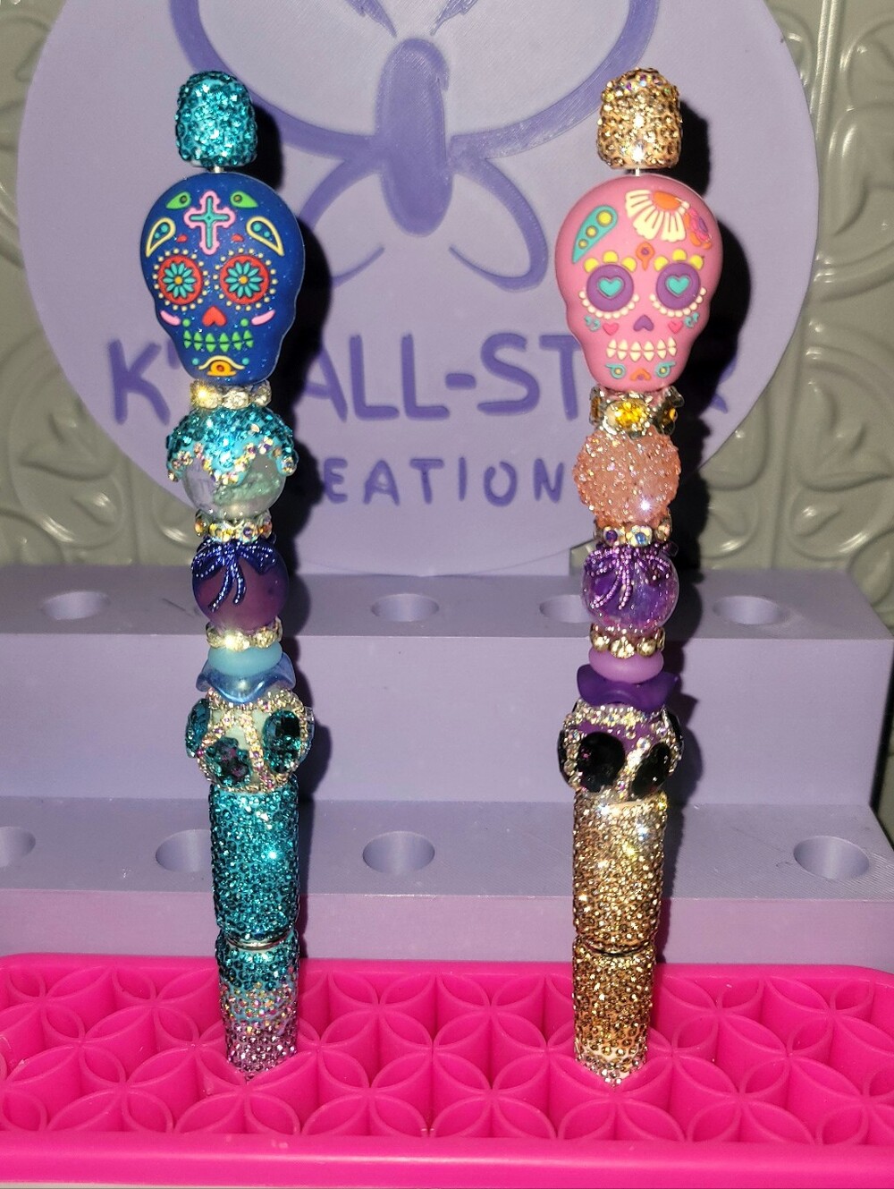 Dia De Los Muertos Sugar Skull Beaded Pen - Blue & Pink-Sold Individually